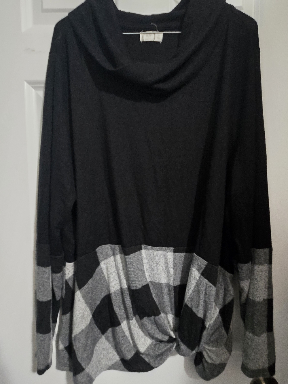 Maurices Black Sweater with Gray Plaid Hem and Cowl Neck